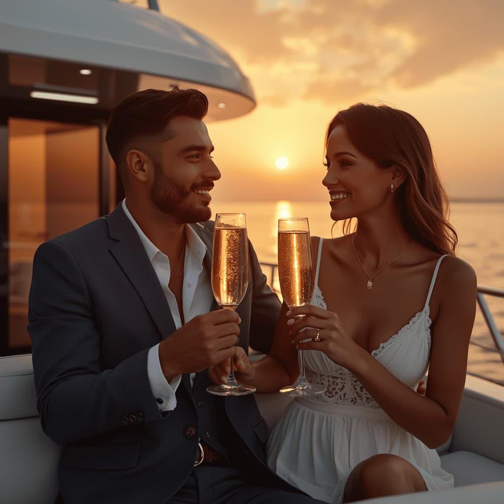 Pareja ejecutiva disfrutando una velada privada en yate al atardecer con champagne – ZafiréVIP