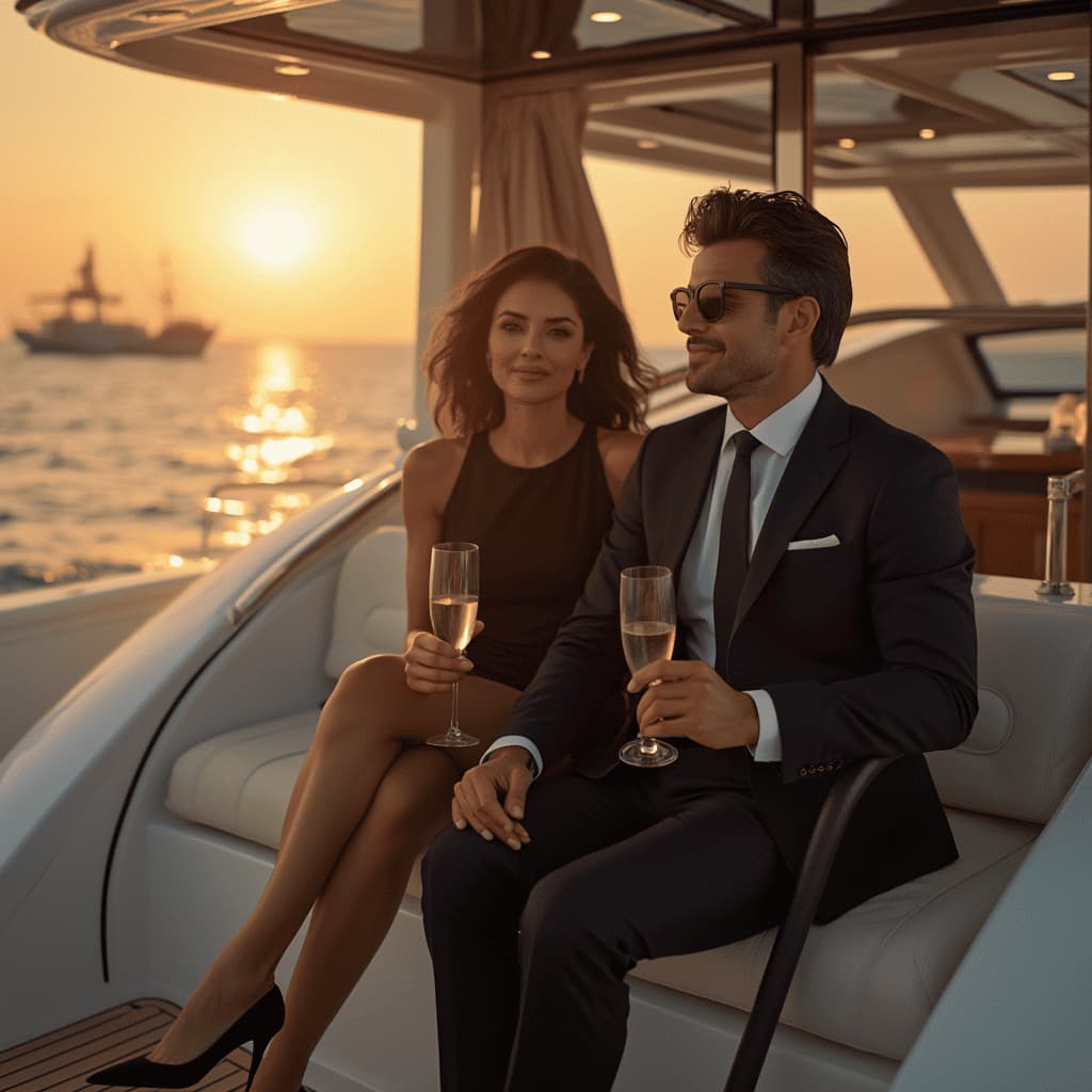 Pareja disfrutando de una experiencia privada en yate ejecutivo con champagne al atardecer - ZafiréVIP