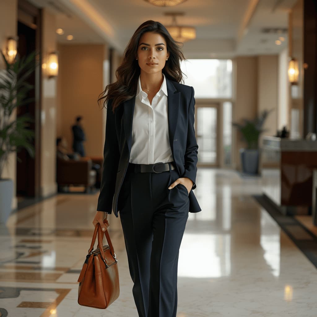 Mujer ejecutiva caminando con estilo profesional en lobby de hotel de lujo - ZafiréVIP